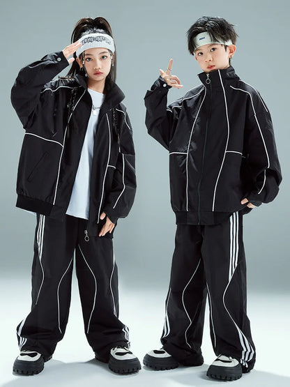 Boys Hip Hop Black Baseball Coat & Baggy Pants Set