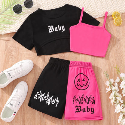 2024 Kids Girls Clothing Set Summer Short Sleeve Fashion Three Piece Girls Suit Color Block Children Outfits Girls Clothes 8-12Y