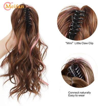 MEIFAN Synthetic Long Natural Wavy Curly Claw Clip On Ponytail Hair Extension False Hairpiece Highlight Pink Ponytail for Women