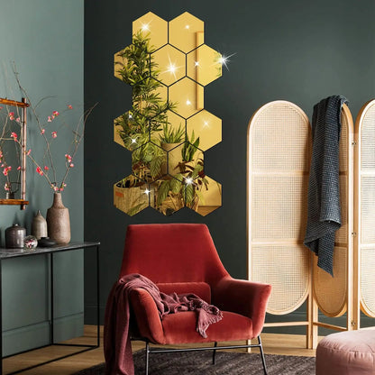 3D Hexagon Mirror Wall Stickers - Rose Gold DIY Decor