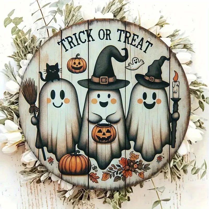 1pc, 2D Wooden Halloween Three Cute Ghost Broom Spoof Pumpkins 7.9Inch/20cm Round Hanging Sign Wall or Door Decor Wall Art