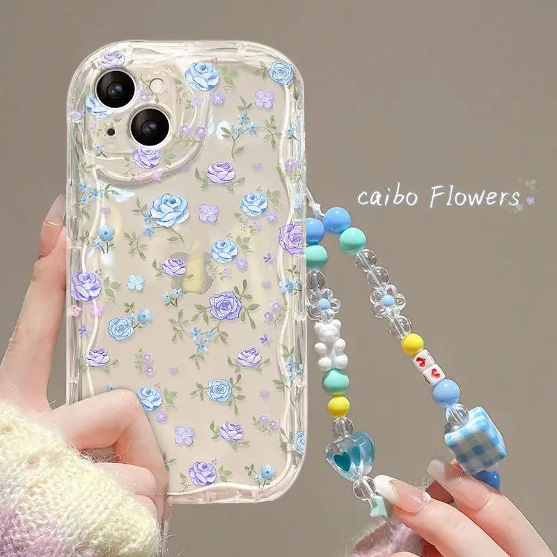 Phone Case For iPhone 15 Pro Max 14 11 13 12 Mini XR 6s 6 8 7 Plus X XS SE 2020 2022 cover Flower Bracelet Wrist Chain Strap