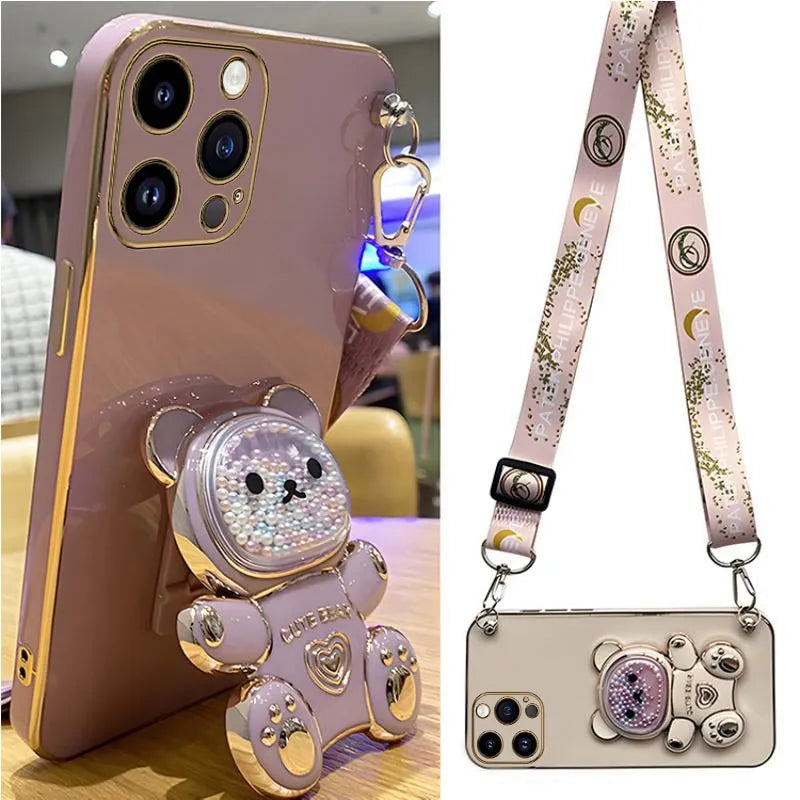 Quicksand Bear Holder Lanyard Phone Case For iPhone 14 11 12 13 Pro Max Mini 8 7 6 6S Plus 10 X Xr Xs Max SE Strap Stand Cover