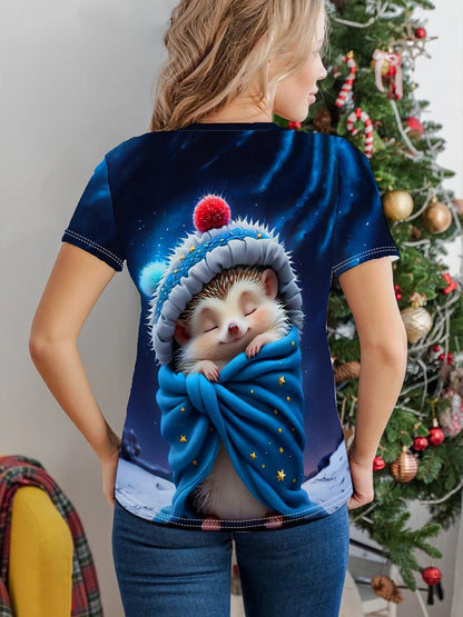 Sleeping Hedgehog Print T-shirt, Casual Crew Neck Short Sleeve Top For Spring & Summer, Women's Clothing