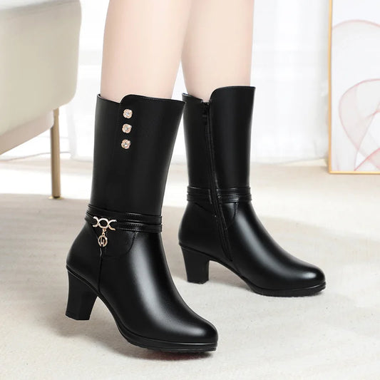 Cozy Chic Winter High-Heeled Motorcycle Boots