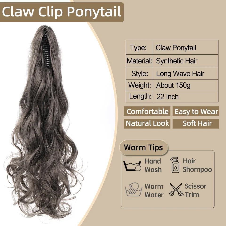 LUPU Synthetic 22Inch Long Wave Claw Ponytail Clip in Hair Extensions with Hair Tie Natural Fake False Hairpieces for Women