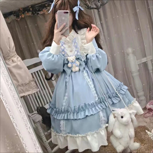 Long Sleeve Bear Bow Detail Lolita Long Sleeve Dress Lolita Dress Full Set New Loose Lolita Dress OP Long Sleeve Women