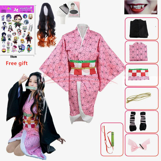 Anime Demon Slayer Nezuko Cosplay Costume Kimono Kimetsu No Yaiba Kamado Nezuko Costume Wig Womens Girls Kimono Uniform Clothes