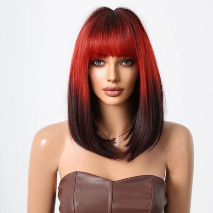 HAIRCUBE Black to Red Omber Straight Wigs with Bangs Medium Synthetic Wigs for Women Use Cosplay Heat Resistant Natural Hair