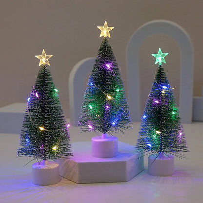 Mini Christmas Trees With LED Light Decor Tabletop Crafting DIY Christmas Gift Green Brush Trees Plastic Winter Snow Ornaments