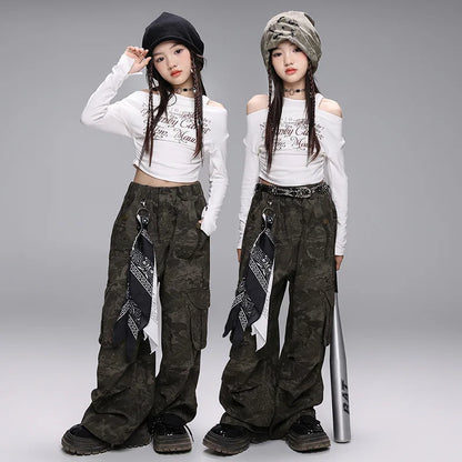 Girls Hip Hop Cold Shoulder T-Shirt & Cargo Pants Set