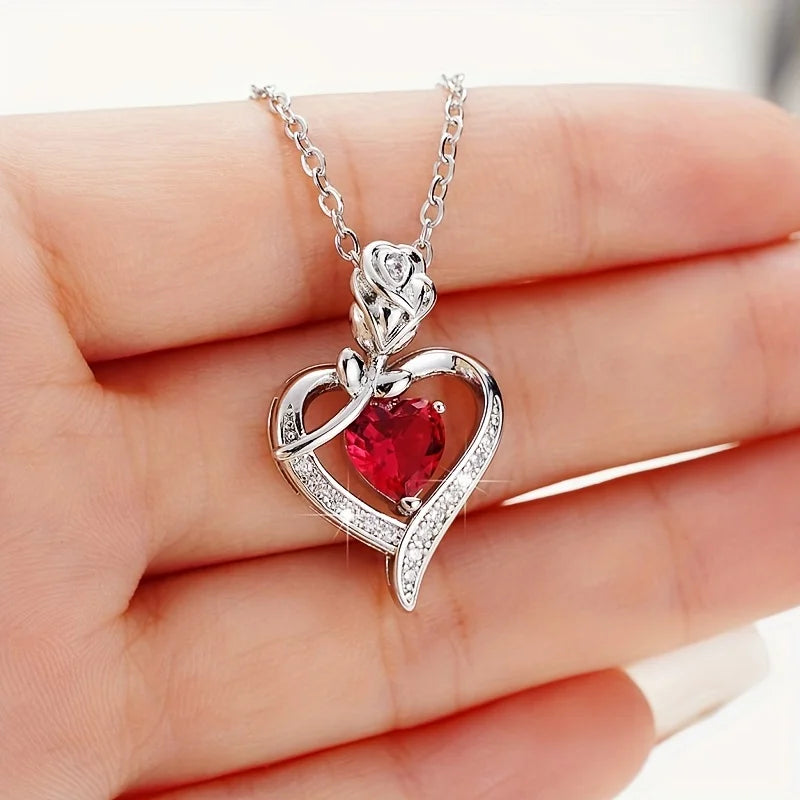 Luxury Red Zircon Heart Necklace With Rose Gift Box For Girlfriend Birthday Christmas Valentine Gift 2023 Romantic Accessories