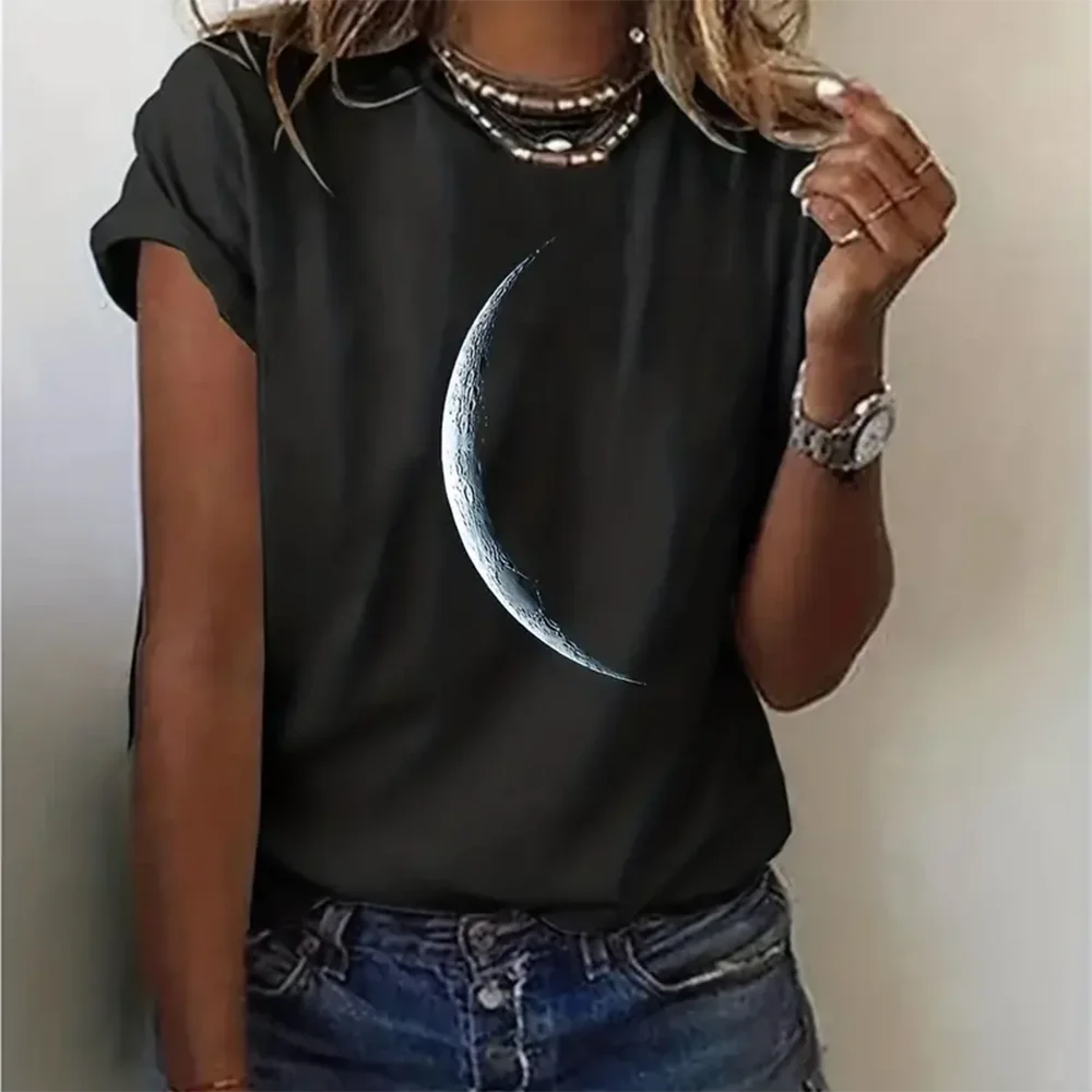 Plus Size Casual T-shirt Women's Plus Moon Print Short Sleeve Round Neck Slight Stretch T-shirt