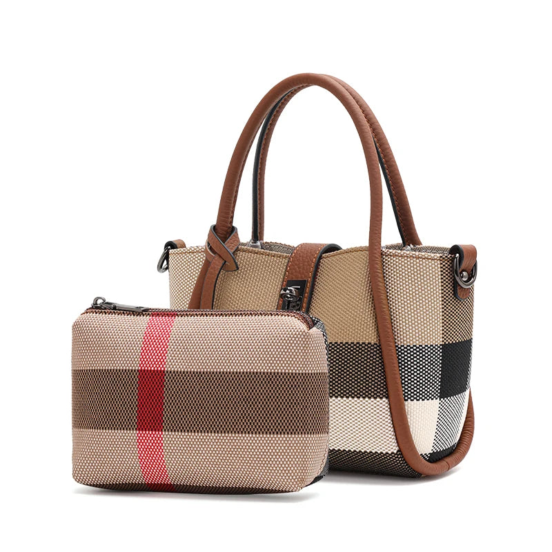 Aidrani  New women's plaid handbag, mini style, made of canvas and cowhide materials, brown