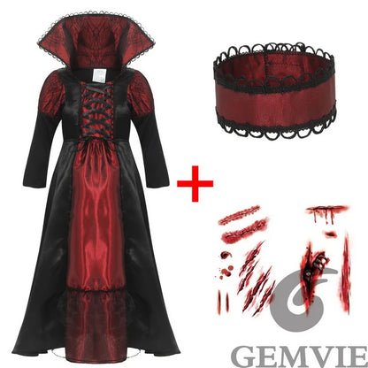 Girls Halloween Costume Vampire Dress Up Child Vampiress Role Play Carnival Party Cosplay Outfits with Stickers