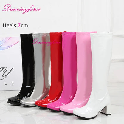 Vintage Pink Red Go Go Retro Knee High Boots for Women