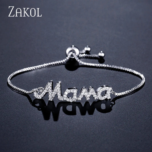 ZAKOL Exquisite Mom Letter CZ Bracelet - Adjustable Gold Chain