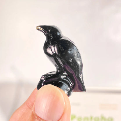 Natural Obsidian Crow Carving - Handcrafted Crystal Bird Decoration