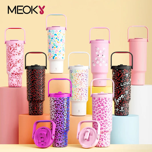 Meoky 40oz 1182ml Handle Tumbler Stainless Steel Insulated Vacuum Travel Car Mug Multi-color Prints Thermal Coffee Milk Tea Cup