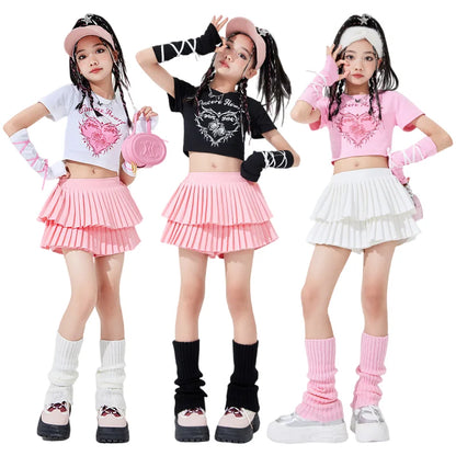 Kids Pink Hip Hop Dance Outfit with Sweet Heart Print Tee and Layered Tutu Skirt