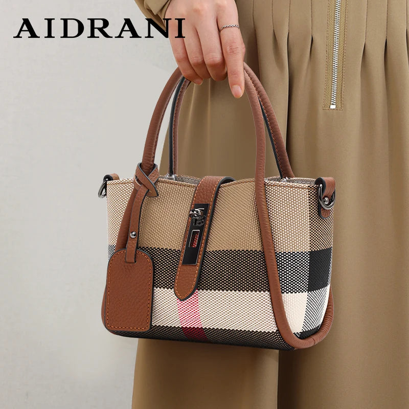 Aidrani  New women's plaid handbag, mini style, made of canvas and cowhide materials, brown