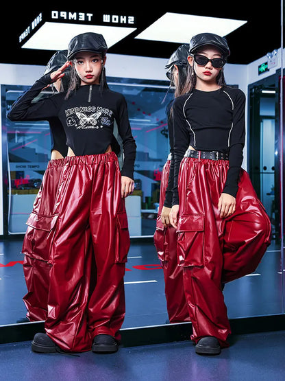 Girls Hip Hop Mock Neck Crop Top & Cargo Pants Set