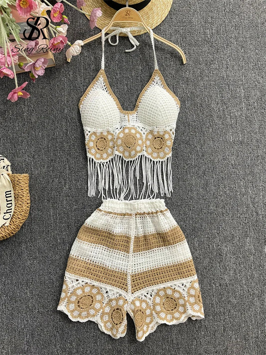 SINGREINY 2024 Summer Sexy Beach Suits Fashion Halter Tassel Tank Top+Elastic Wide Legs Shorts Hollow Out Casual Two Pieces Set