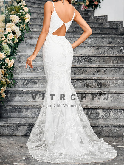 VITRCHP Sleeveless V Neck Sequined Mermaid Wedding Dress