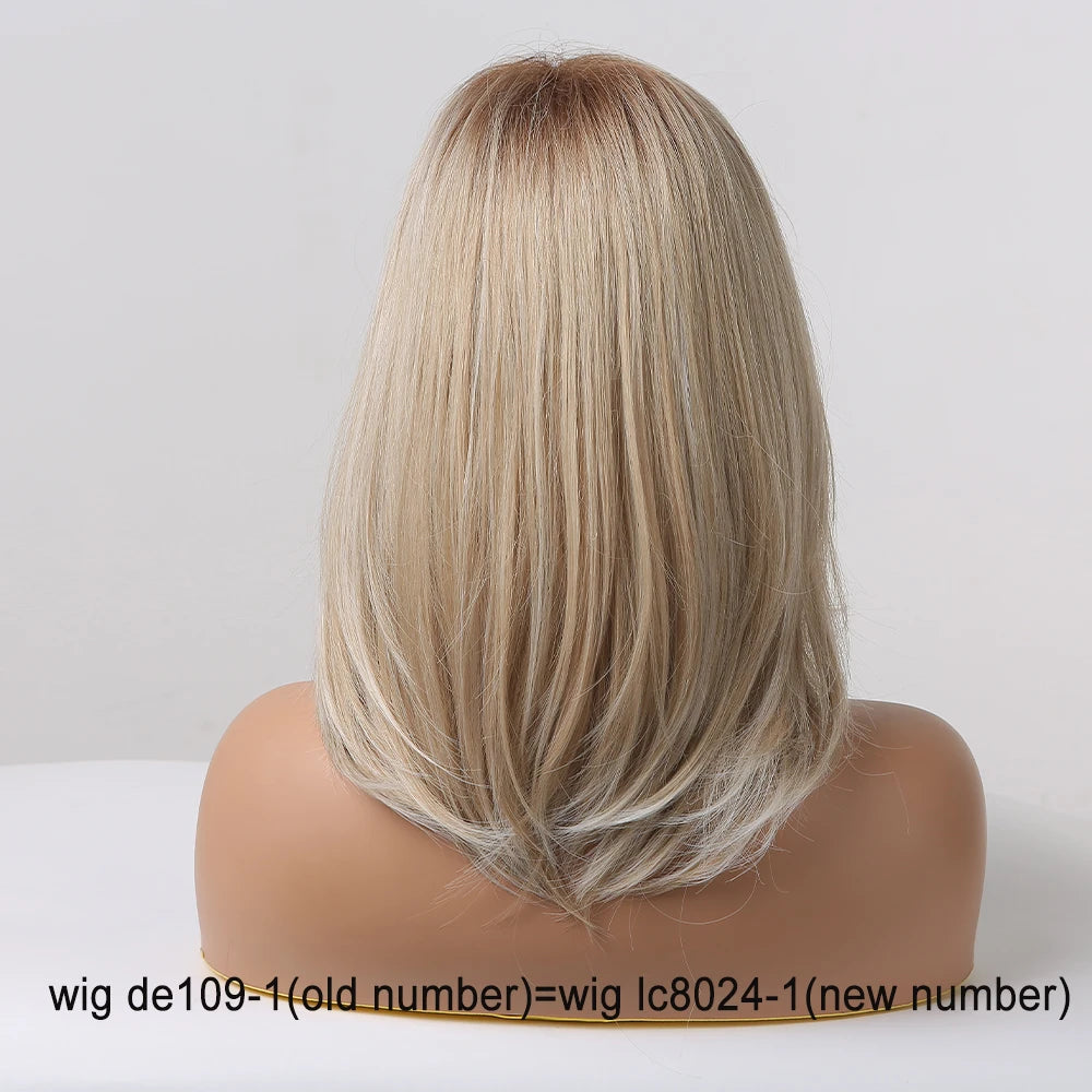 ALAN EATON Layered Synthetic Wigs with Bangs Straight Short Highlights Blonde Hair Wig with for Women Natural Daily Cosplay Wigs