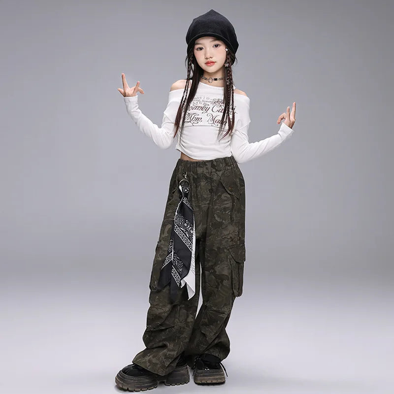 Girls Hip Hop Cold Shoulder T-Shirt & Cargo Pants Set