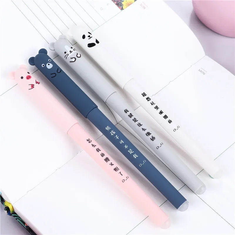 4 Pcs Kawaii Gel Pens Set - Erasable Pig, Bear, Cat & Mouse