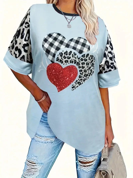 2024 Plus Size Plaid Heart Print T-Shirt Casual Short Sleeve Top For Spring & Summer Women's Plus Size Clothing