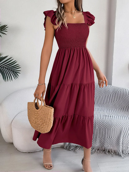 Spring Summer Solid Color Edible Tree Fungus Edge Square Neck Sleeveless Holiday Dress Elegant Long Dresses for Women