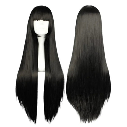 Anime Cosplay Wig Long Straight Flat Bang Synthetic Wig Anime Black Hair Wigs