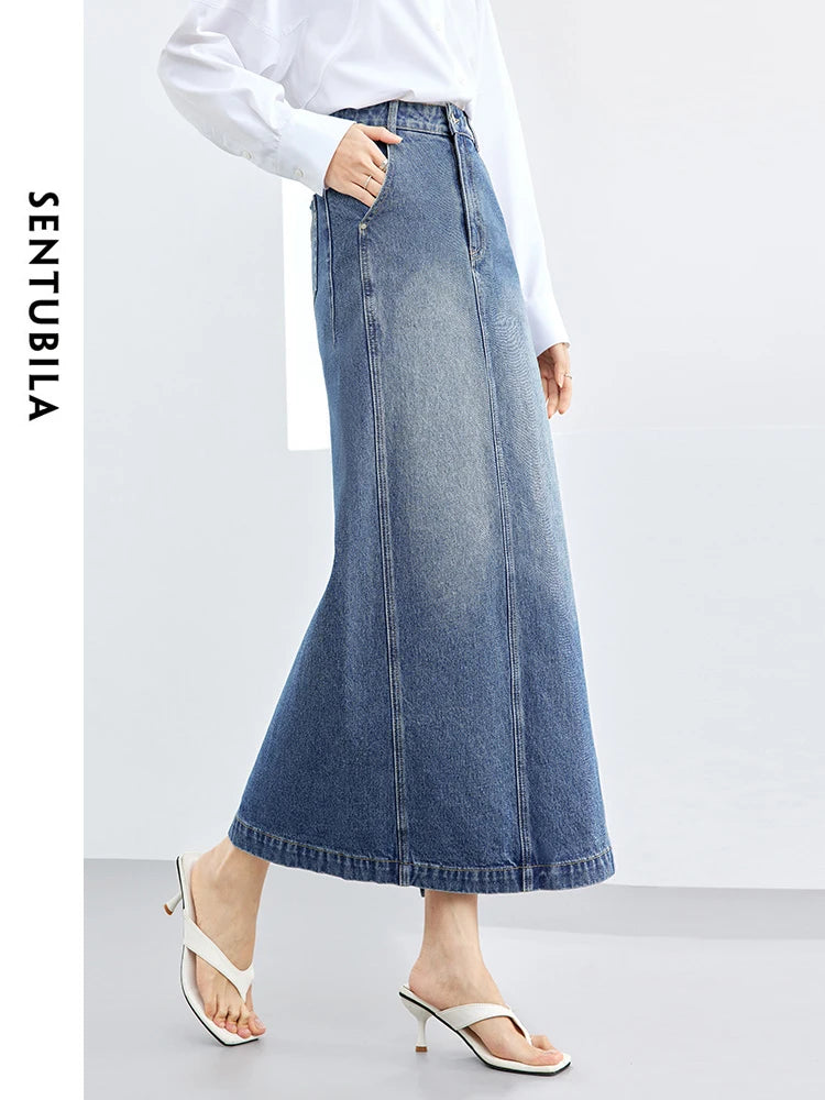 SENTUBILA Cotton Denim Long Skirt for Women 2024 Spring Autumn High Street Straight Dresses with Slit Womans Clothing W41Q53229