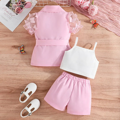 Baby Clothes Set 3-8 Years old Tulle Butterfly Sleeve Vest Coat and Shorts Outfit Clothing Formal Suit For Kids Girl