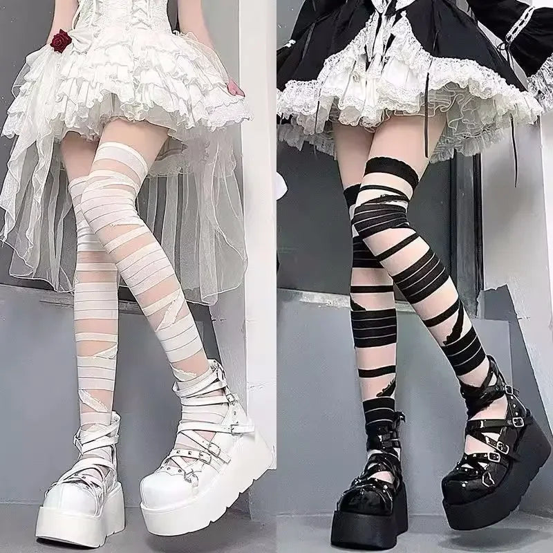 Gothic Lolita Accessories Bandage Design Thin Soft Long Socks Women Sexy Cross Strap Bottom Stockings Cosplay Cute Girls Hosiery