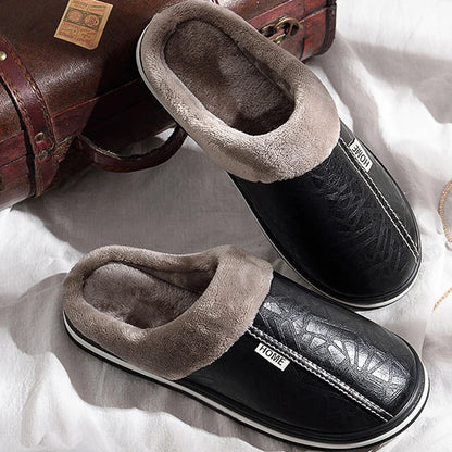 Men's Cozy Winter Indoor Slippers - Plush Waterproof Leather