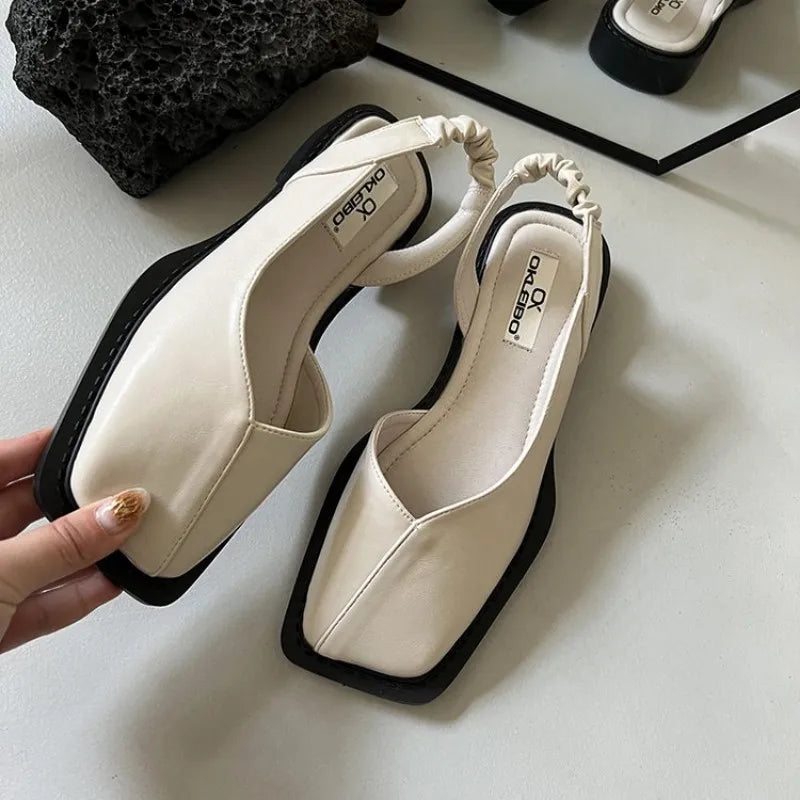 New Summer Elegant Ladies Sandals 2024 Fashion Ladies Elastic Band Flat Heel Women Shallow Party Shoes Square Heel Square Toe