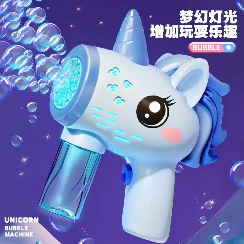 Unicorn electric bubble gun, toy bubble machine, automatic soap blower with lights, summer outdoor party games, children's gifts