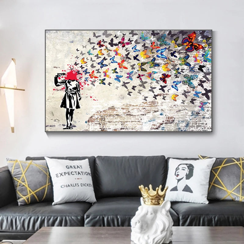 Banksy-Inspired Girl with Butterfly Canvas Print