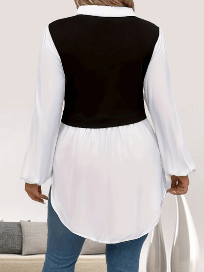 Plus Size Colorblock Polo Collar Blouse