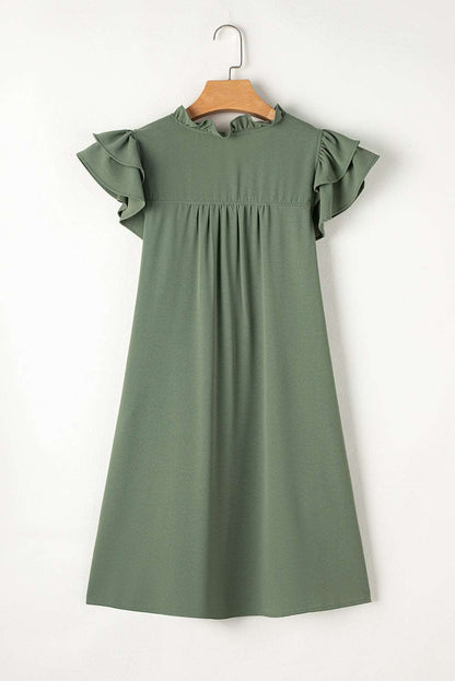 Mist Green Ruffle Sleeve V Neck Frilled Shift Dress