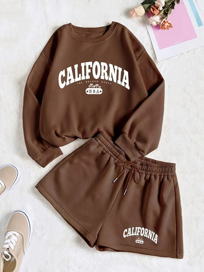 Women's Crew Neck "California" Graphic Sweatshirt and Drawstring Waist Shorts Set, Casual Sporty Loungewear Outfit