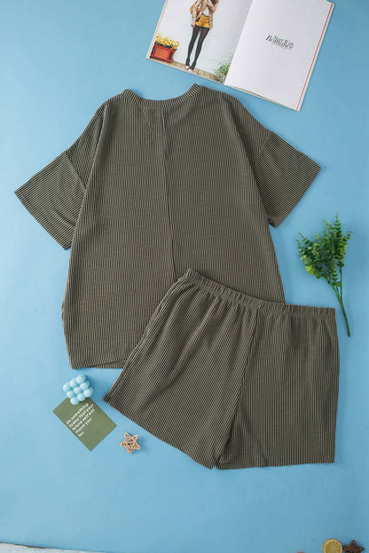 Moss Green Plus Size Rib Knit Short Sleeve Top and Shorts Set