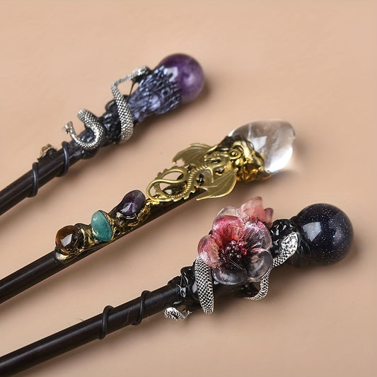 1PC Exquisite Elegant Natural Crystal Wand, Handmade Wooden Magic Scepter Witch Cane, Halloween Christmas Cosplay Costume Props, Bar Club Rave Party Play Decors Photography Props, Stage Performance Accessories