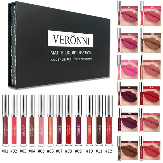 VERONNI 12pcs Matte Lip Glaze Set - Long-Lasting Liquid Lipstick