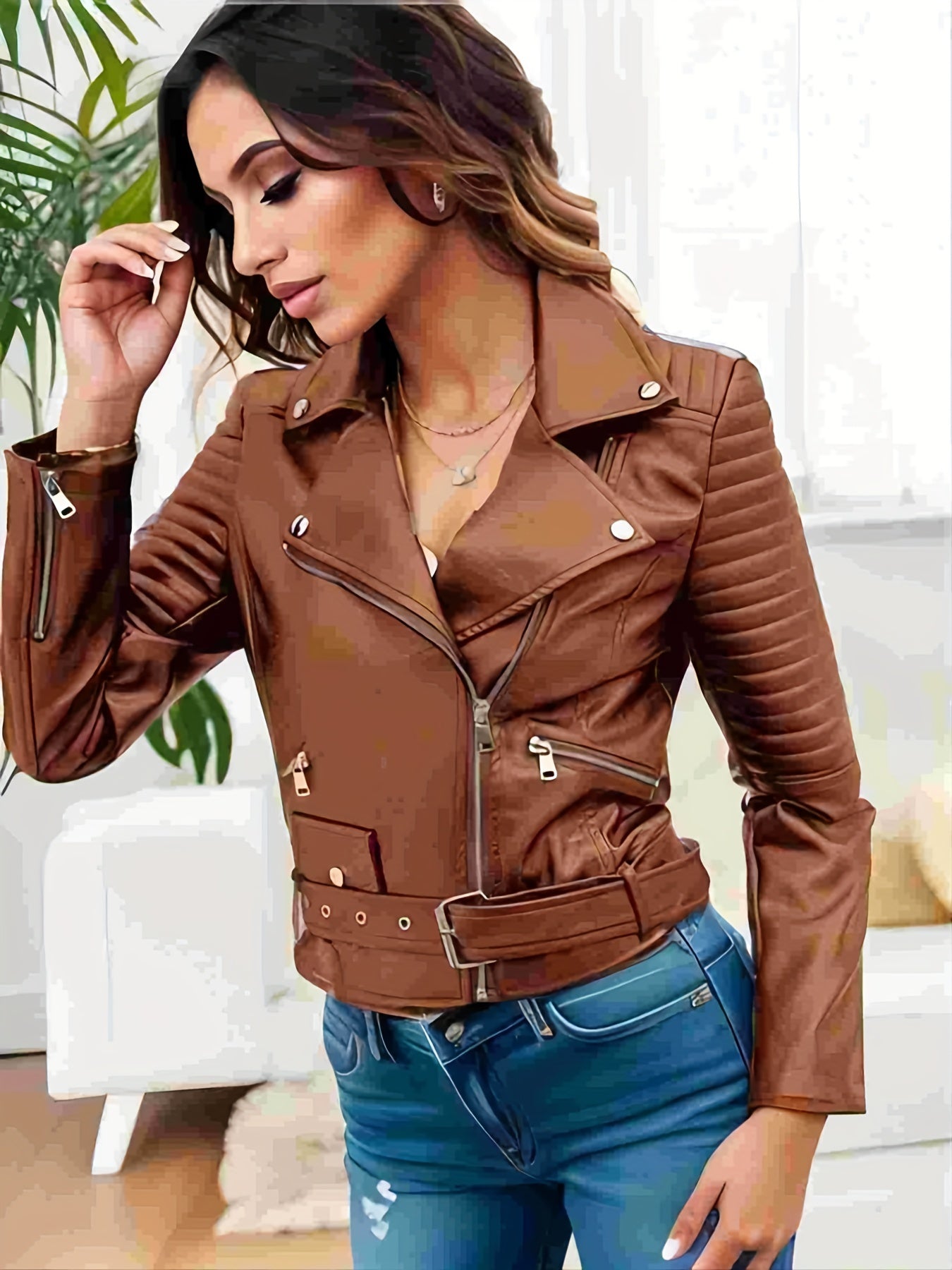 Premium Rugged Leather Womens Biker Jacket - Full-Length Zipper, Trendy Streetwear Style, Long Sleeve, Versatile Outerwear