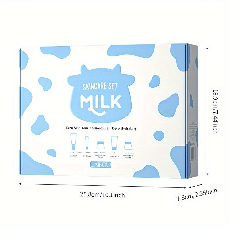 Milk Moisturizing Skincare 5pcs/Set, Oil Control Cleanser With Massaging Brush 80g, Rolling Eye Cream 20g, Moisturizing Face Cream 55g, Refreshing Milk Sunscreen 50g, Rejuvenating Cream 55g