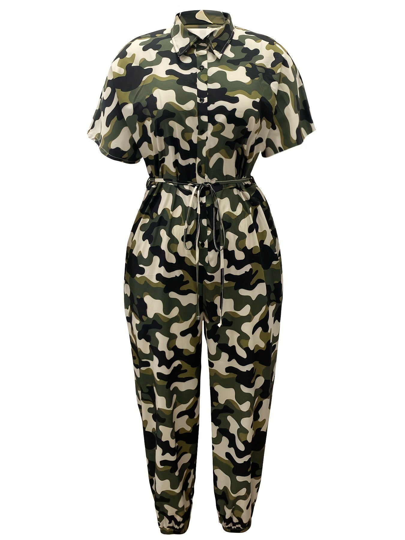 Plus Size Casual Jumpsuit, Women's Plus Camo Print Button Up Turn Down Collar Short Sleeve Tapered Leg Jumpsuit With Belt